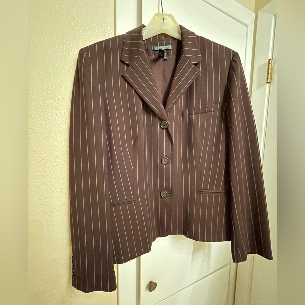 EUC Ralph Lauren brown/caramel pinstripe suit. Wideleg Trousers cuffed. 16